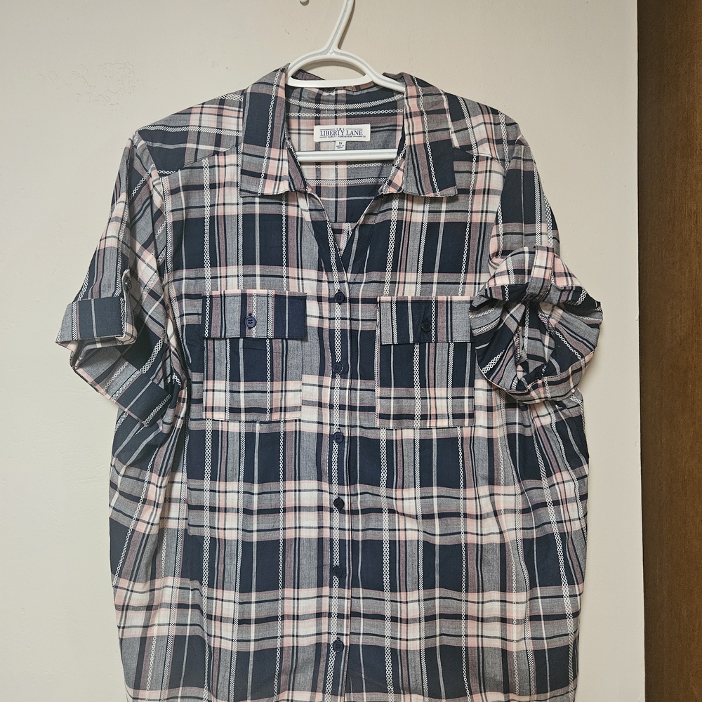 Women's Navy Plaid Button Down Shirt